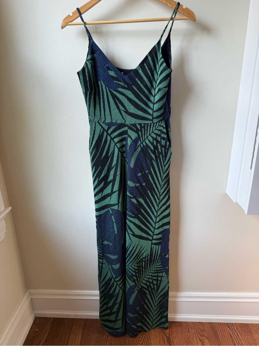 Metallic Botanical Tropical Leaf Jumpsuit Wide Leg Knit Comfy Maximalist S